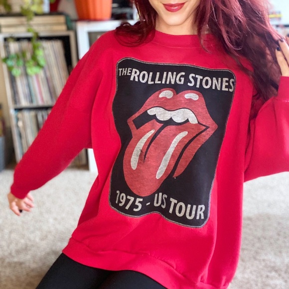 GardenVintage Tops - Custom One Of A Kind Upcycled Red Rolling Stones Embroidered Sweatshirt